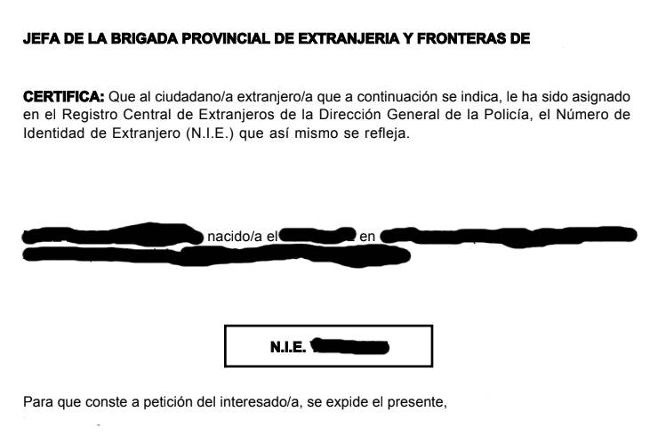 spanish nie number online